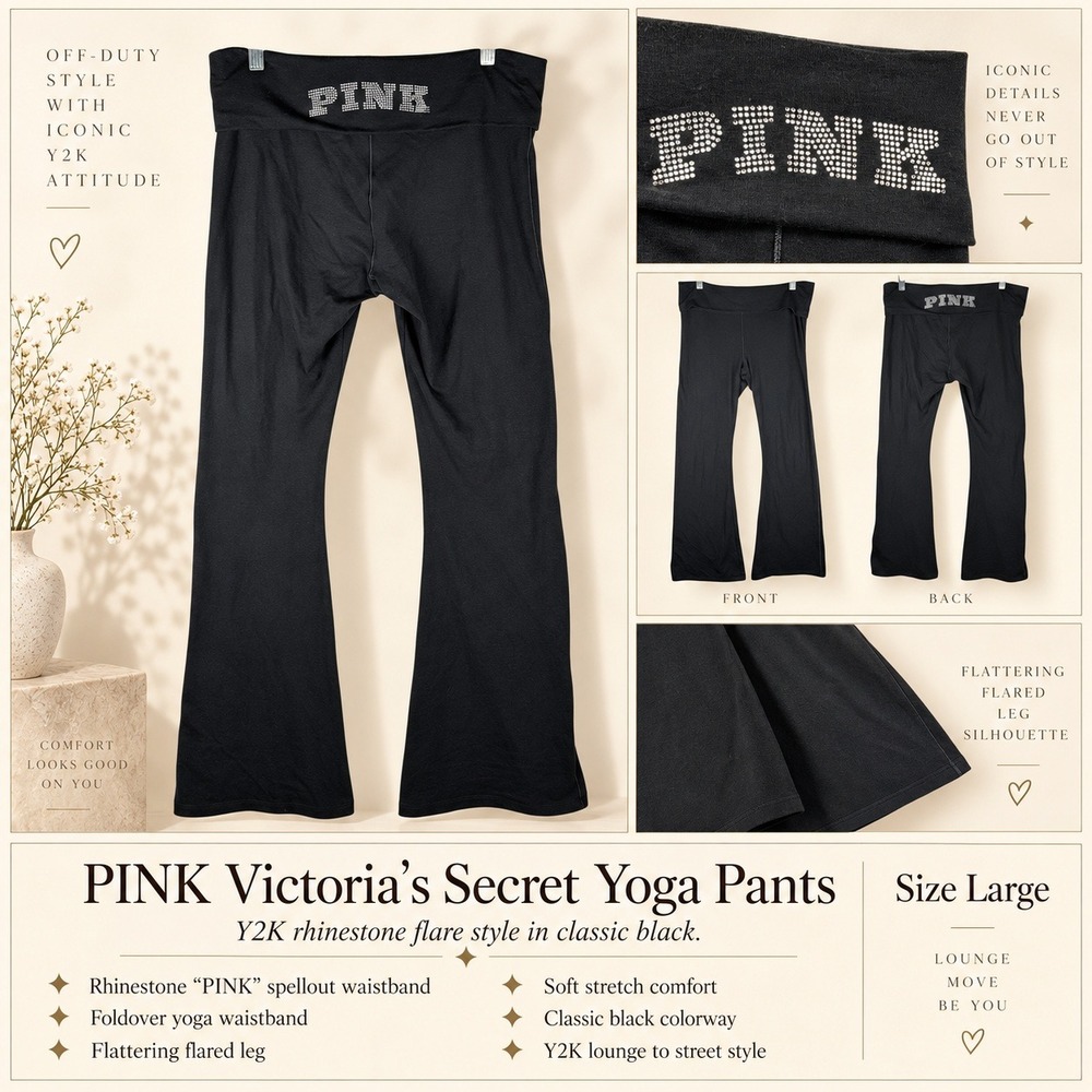PINK Victorias Secret Yoga Pants Size Large Rhinestone Spellout Flare Bling Y2K